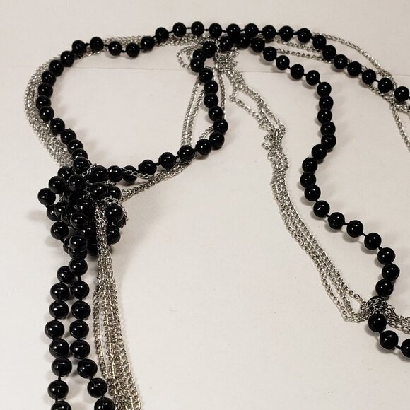 Women's Stylish Polished Silver tone 48" Black Layered Beaded Necklace - Picture 4 of 8